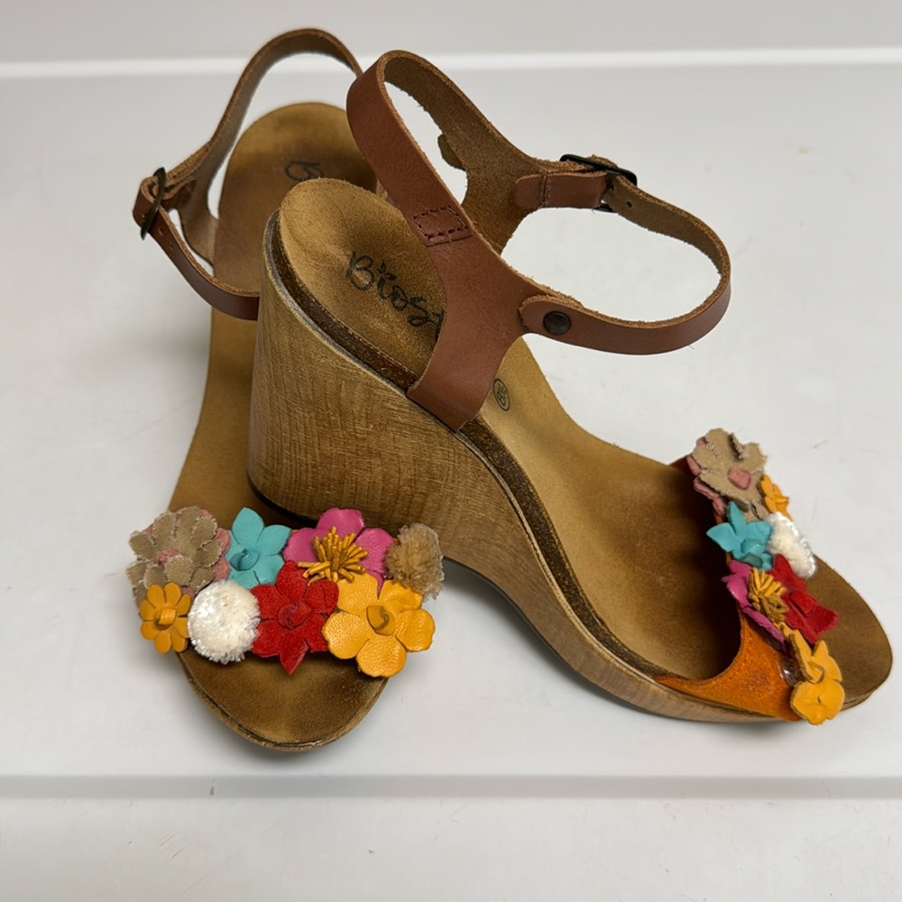 BioStep MILO 3D Floral Wedge Sandals Leather Cork Footbed Sz 8.5 worn once